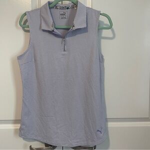 PUMA Golf Women’s Sleeveless Polo Shirt Large Blue Check Print Zip Collar